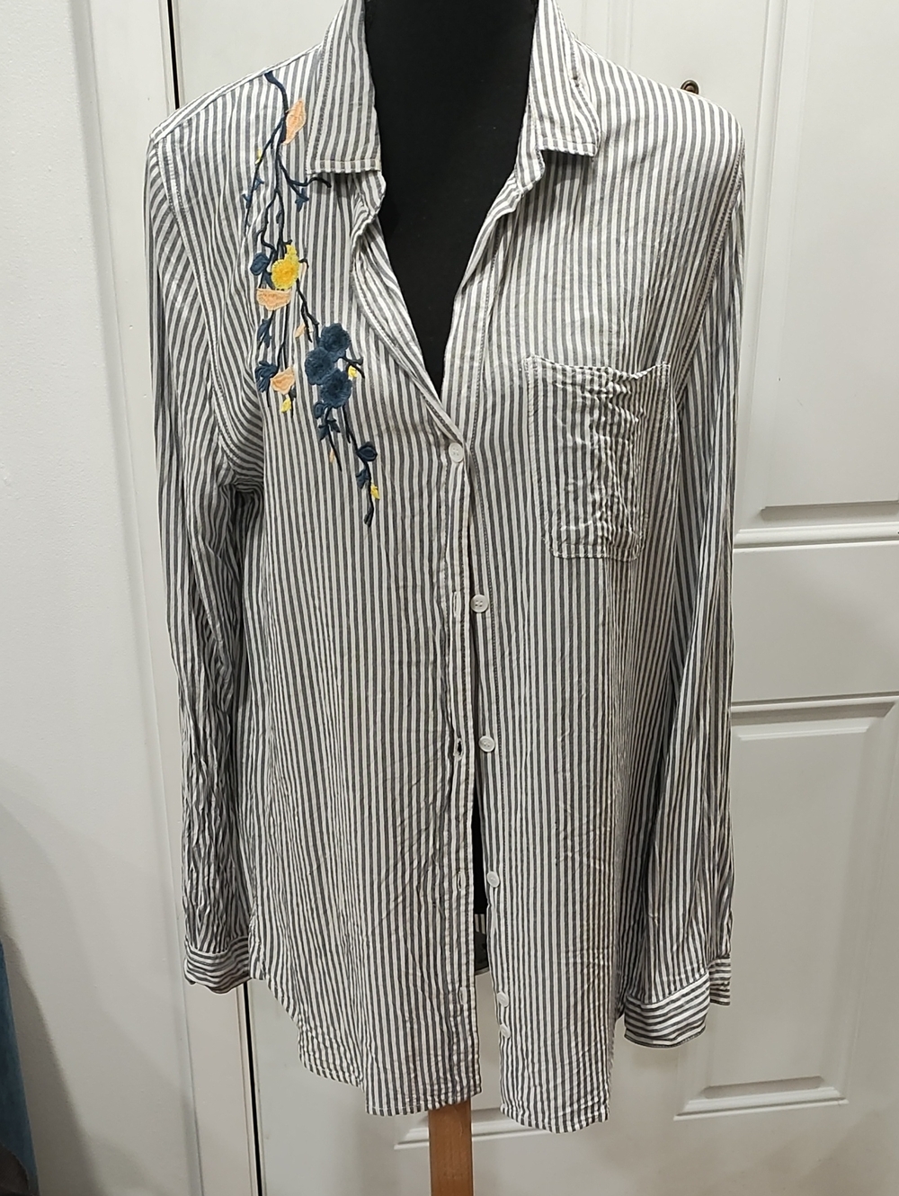 Striped Button-Down Shirt with Yellow & Navy Floral Embroidery